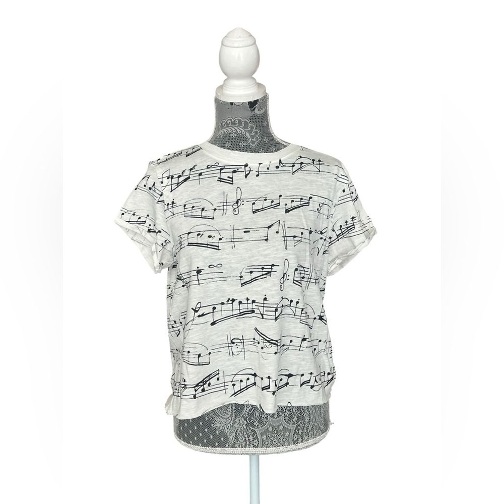 Maeve Anthropologie White Music Note Graphic Tee Artsy Cropped XS - Picture 2 of 6